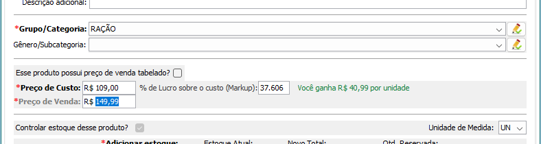 Tela de cadastro de produto no Siscoban mostrando preço de custo, markup e lucro por unidade
