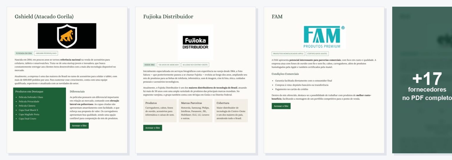 Três páginas reais do PDF mostrando os fornecedores Gshield, Fujioka e FAM, e mais 17 fornecedores no PDF completo