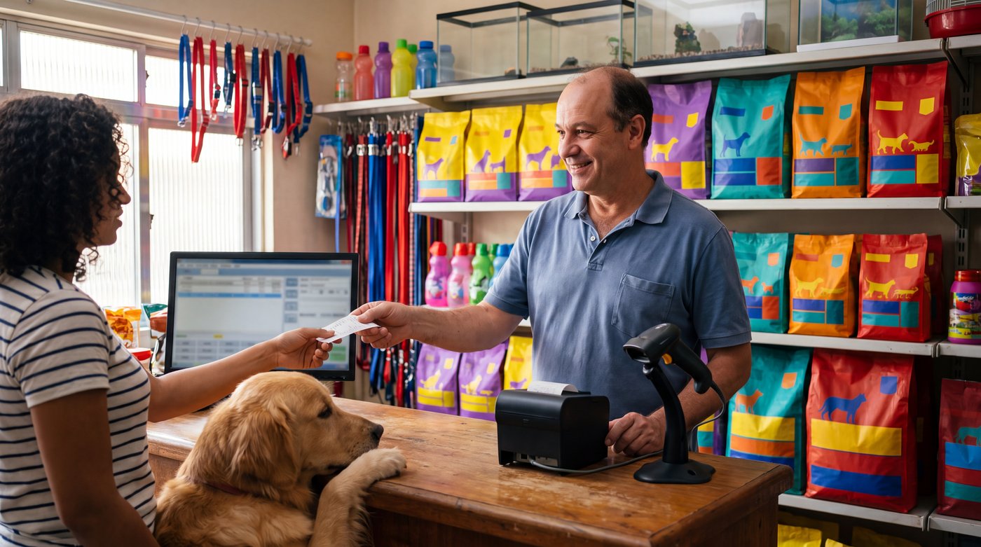 Pet shop com prateleiras de ração e acessórios e o sistema PDV no caixa, com impressora térmica e leitor de código de barras no balcão