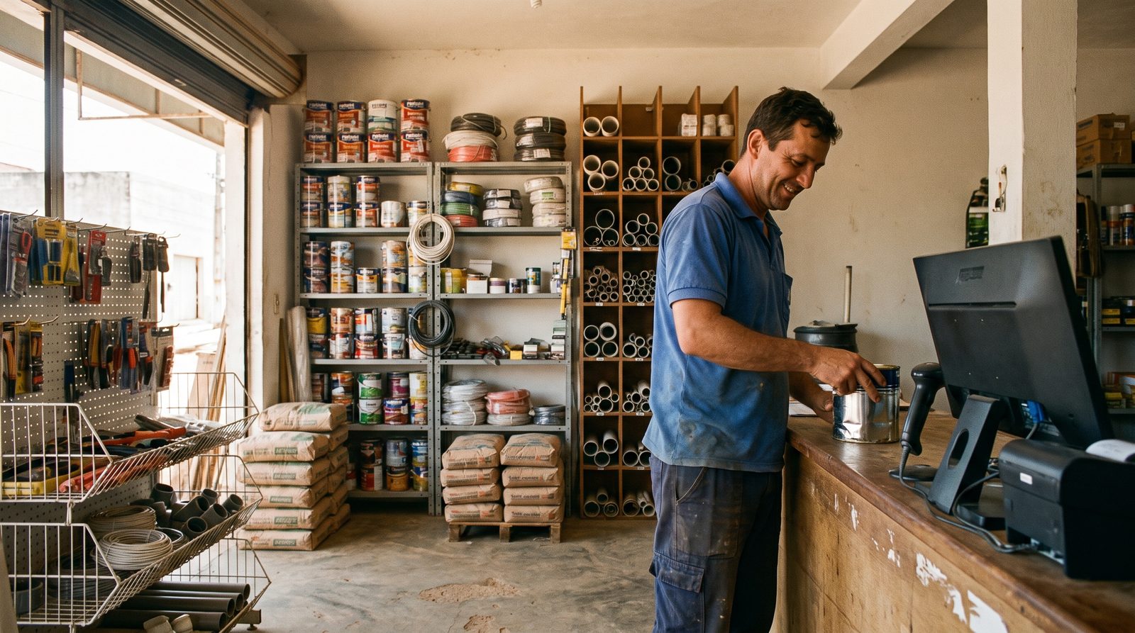 Dono de loja de material de construção no balcão, com prateleiras de tinta, fios, canos e sacos de cimento, e o computador do sistema ao lado