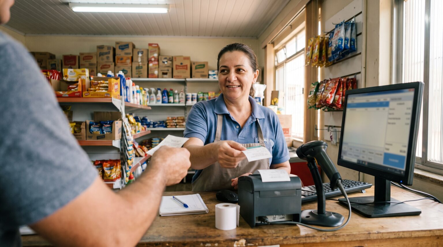 Comerciante finalizando uma venda no sistema PDV frente de caixa do Siscoban, com monitor, impressora térmica e leitor de código de barras sobre o balcão