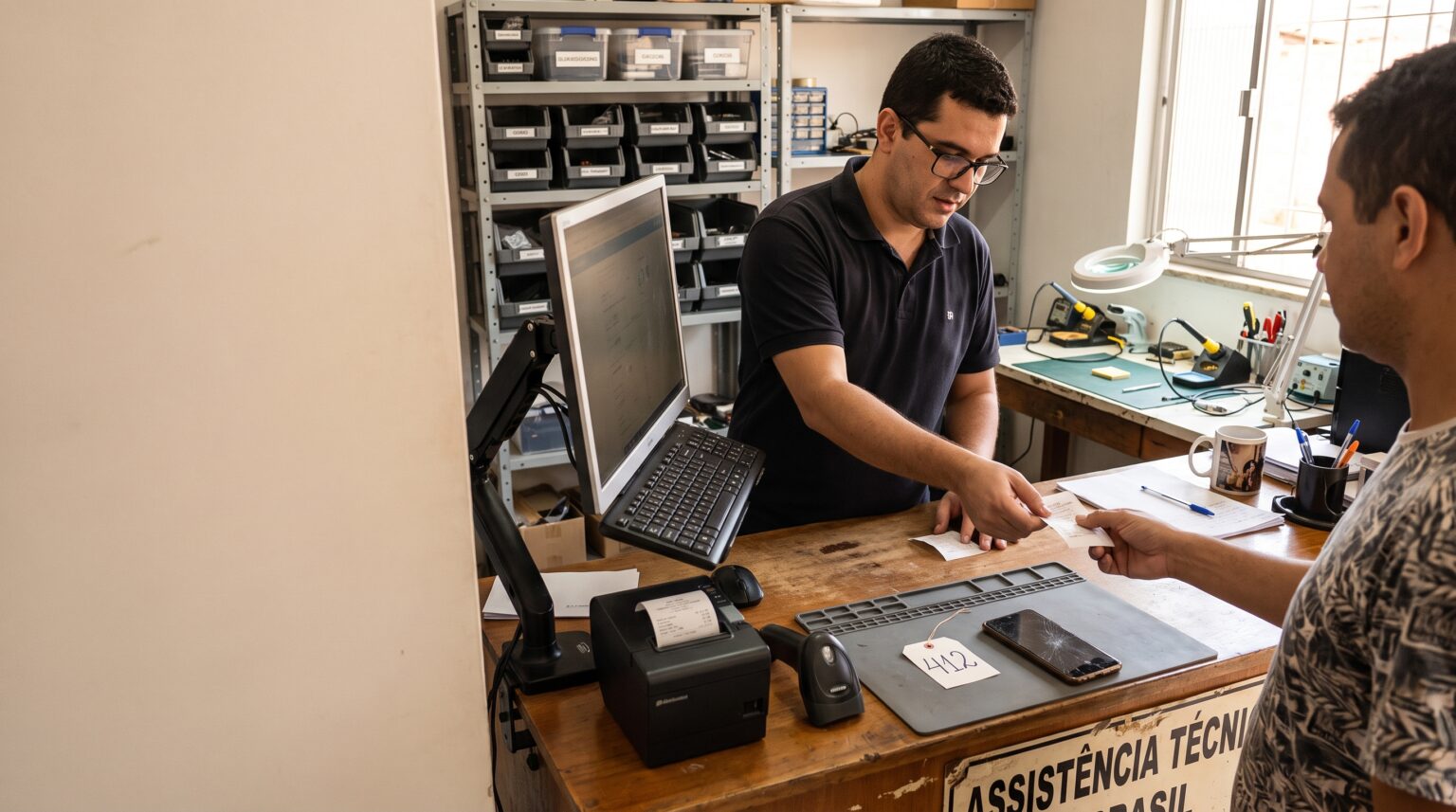Técnico entrega ordem de serviço impressa ao cliente no balcão de uma assistência técnica, com monitor, impressora térmica e leitor de código de barras