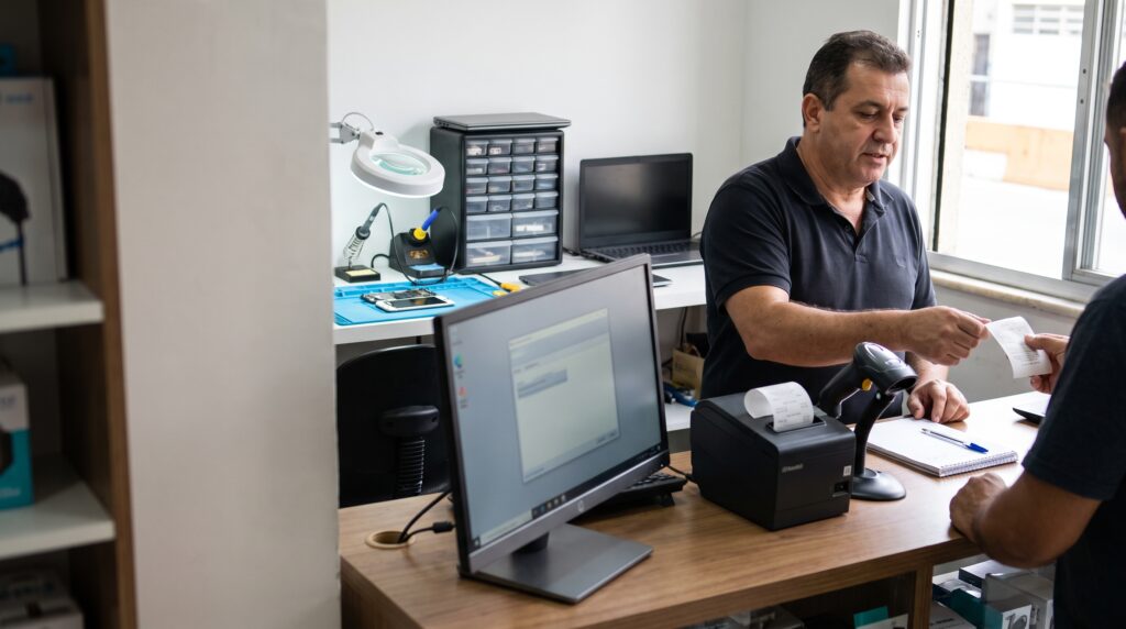Técnico de assistência técnica entregando a ordem de serviço impressa ao cliente no balcão, com o sistema Siscoban no monitor, impressora térmica e leitor de código de barras