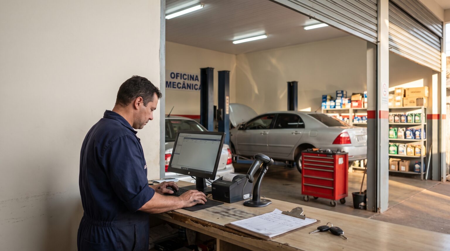 Mecânico usando sistema para oficina mecânica no computador do balcão, com impressora térmica e leitor de código de barras, e carro no elevador ao fundo