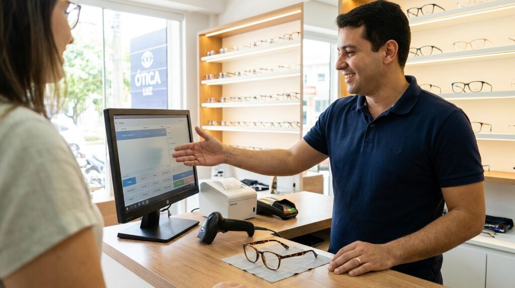 Sistema para ótica: PDV no balcão com monitor, impressora térmica e leitor de código de barras ao lado da parede de armações