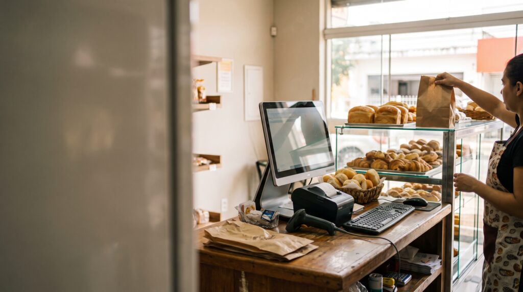 Sistema para padaria com PDV moderno, impressora térmica e leitor de código de barras no balcão