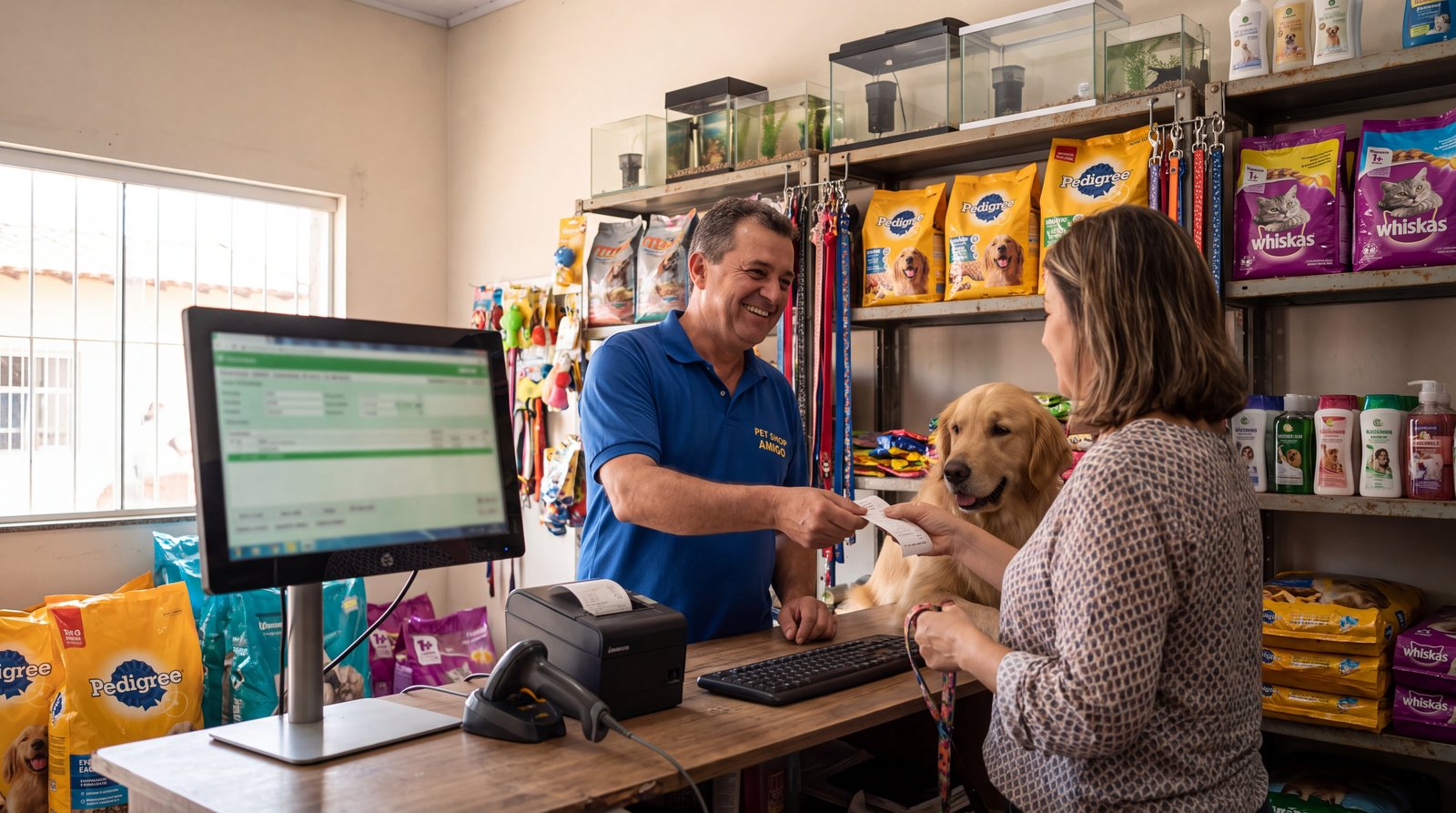 Sistema para pet shop instalado no balcão: dono da loja finaliza a venda no PDV e entrega o cupom ao cliente, com impressora térmica e leitor de código de barras