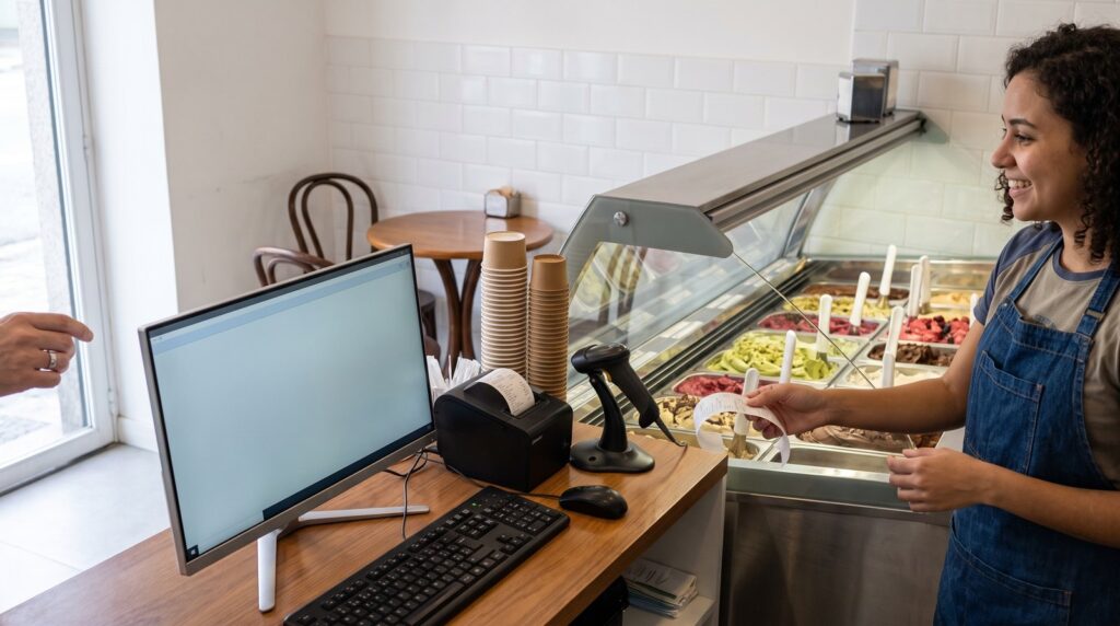Sistema para sorveteria: PDV no balcão com monitor, impressora de cupom e leitor de código de barras ao lado da estufa de sorvetes