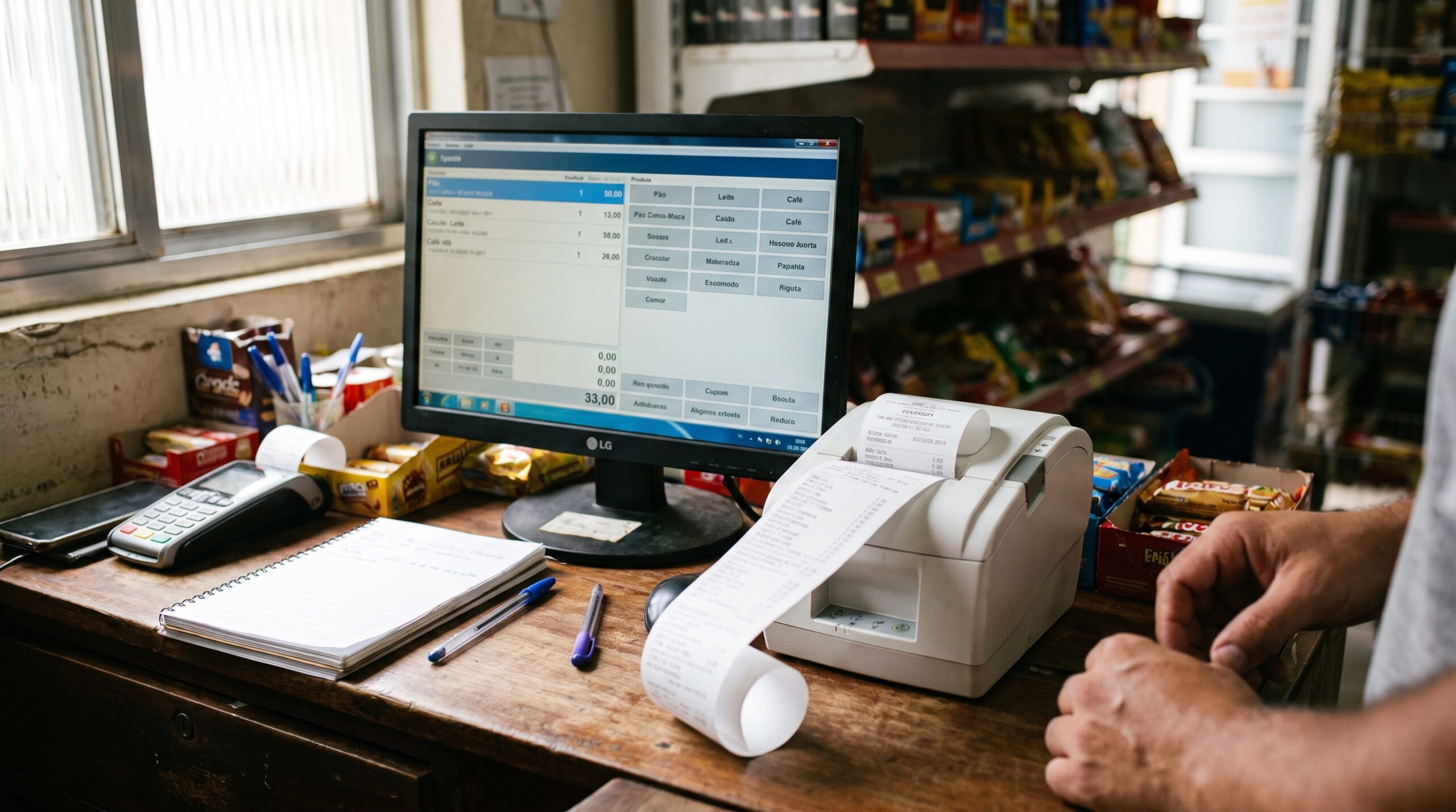 Comerciante emitindo nota fiscal eletrônica no PDV com impressora térmica no balcão da loja
