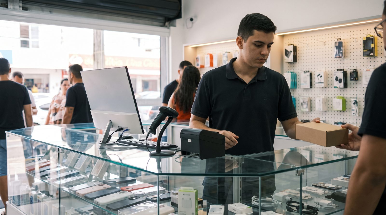 Dono de loja de celular entrega um acessório no balcão, com vitrine de capinhas e cabos e o computador do sistema ao lado
