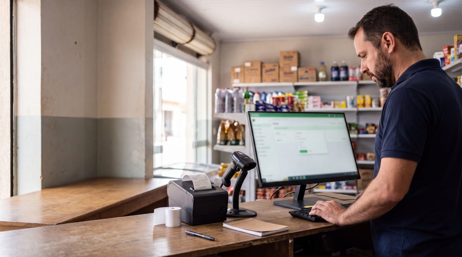 Comerciante usando um programa para loja no computador do balcão, com impressora térmica e leitor de código de barras ao lado