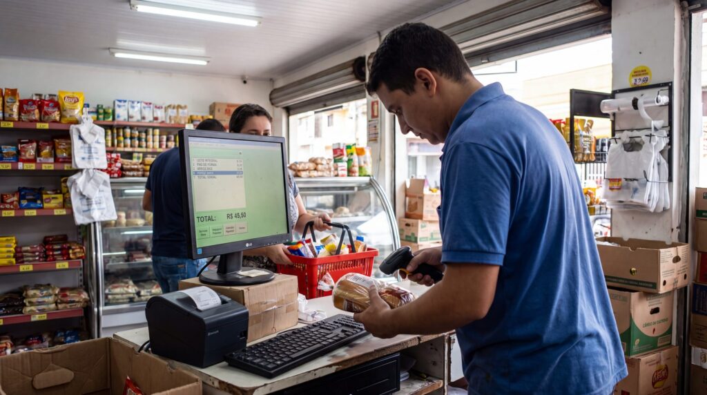 Balcão de caixa de supermercado com computador, teclado e impressora térmica usados no PDV