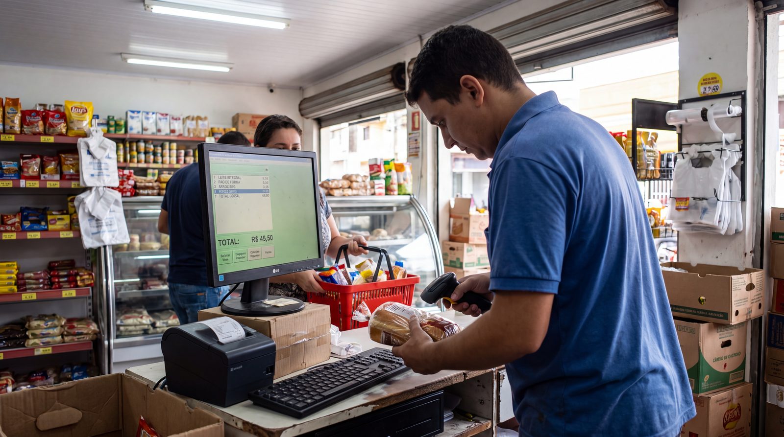 Operador de caixa de um supermercado de bairro passando um pão no leitor de código de barras, com o monitor do PDV e a impressora térmica sobre o balcão
