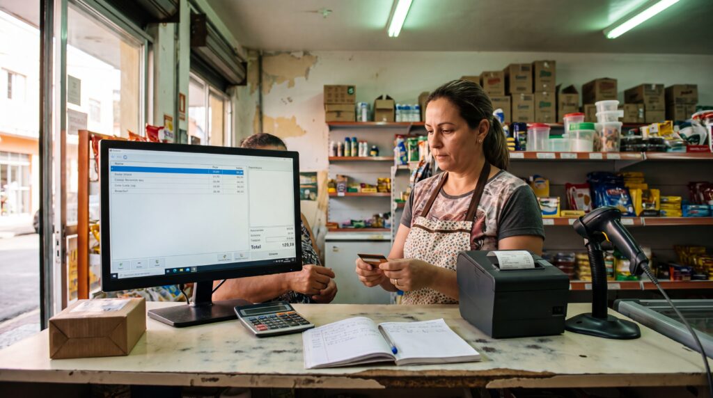 Lojista operando o PDV em uma loja pequena, com monitor, impressora de cupom e leitor de codigo de barras no balcao